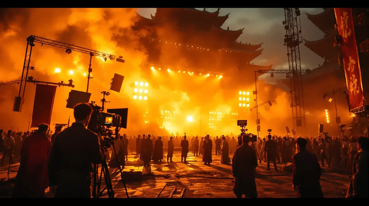 樱花视频城摄影棚全景,古风宫殿与片场灯光交相辉映